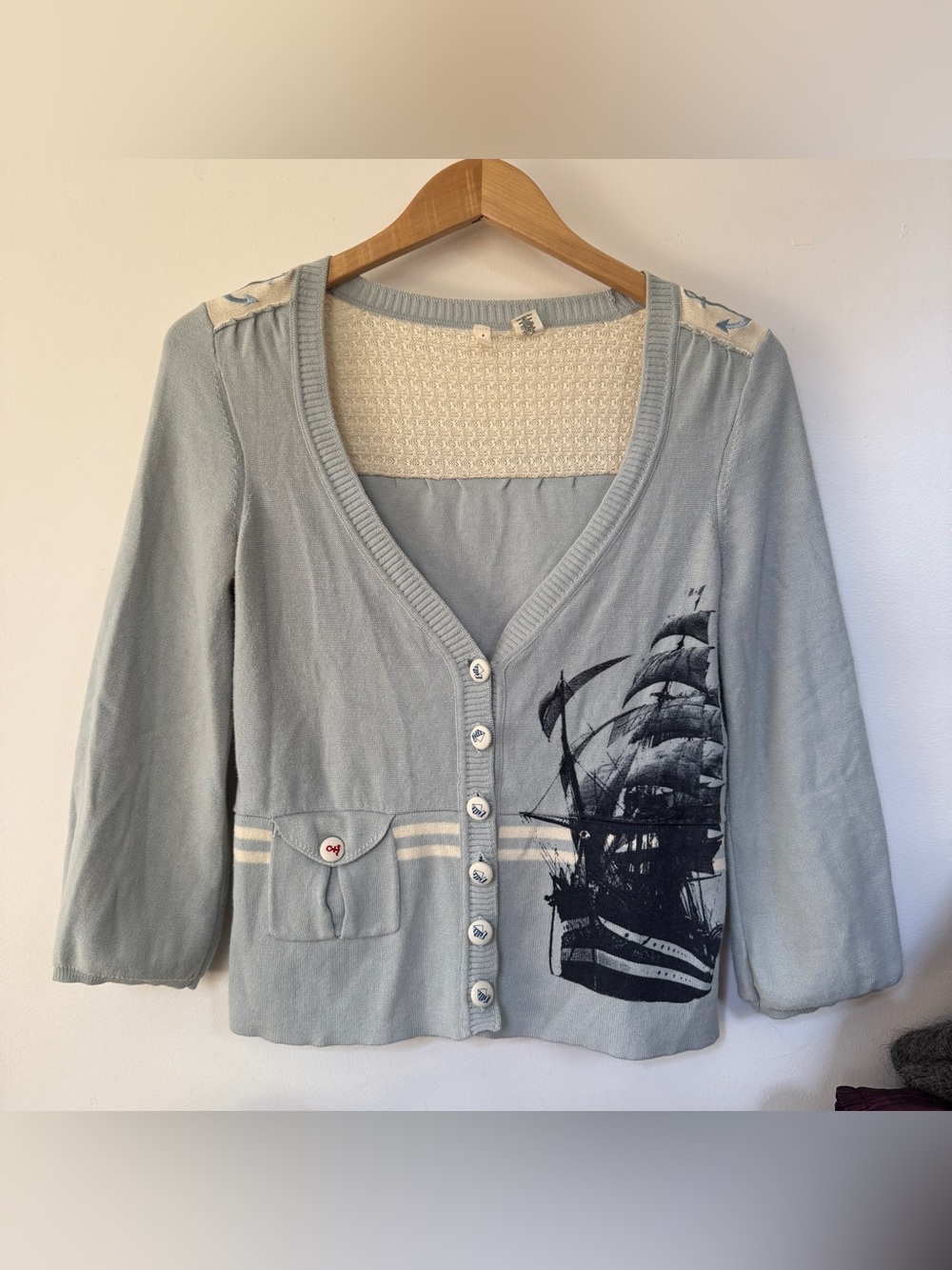 Anthropologie Moth Vintage Nautical Sailboat Embroidered Cardigan M Cottagecore